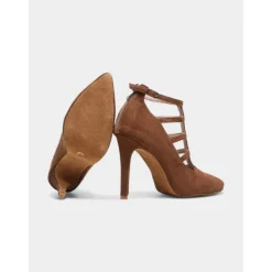 Brown Suede Strappy High Heel Dance Shoes for Women – Elegant Closed Toe Latin Ballroom Practice Pumps