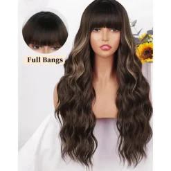 Brown Wig with Bangs for Women Long Wavy Hair Wig Brown Highlight Wig Curly Wavy Synthetic Wigs for Girls Daily Party Use Halloween Wigs