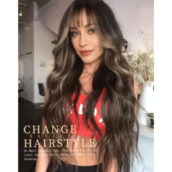 Brown Wig with Bangs for Women Long Wavy Hair Wig Brown Highlight Wig Curly Wavy Synthetic Wigs for Girls Daily Party Use Halloween Wigs