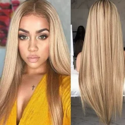 Brown Wigs for Women Blonde Long Light Golden Wigs Ombre Pink Wigs Synthetic Hair Highlighted Hair Dark Roots Wigs 26 Inch