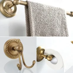 Brushed Brass Towel Holder Antique Brass Vintage Wall Mounted Bathroom Accessory Set for Drilling Shower Wall Retro Country House Style Towel Hooks Toilet Paper Holder