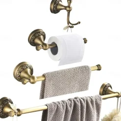 Brushed Brass Towel Holder Antique Brass Vintage Wall Mounted Bathroom Accessory Set for Drilling Shower Wall Retro Country House Style Towel Hooks Toilet Paper Holder