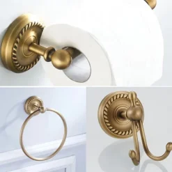Brushed Brass Towel Holder Antique Brass Vintage Wall Mounted Bathroom Accessory Set for Drilling Shower Wall Retro Country House Style Towel Hooks Toilet Paper Holder