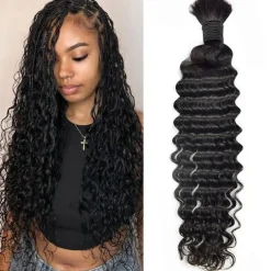 Bulk Hair Human Hair Braiding No Weft Remy Bulk For Braiding Color 1B# Deep Wave 1PCS Hair Extensions 10-28Inch Crochet Braids