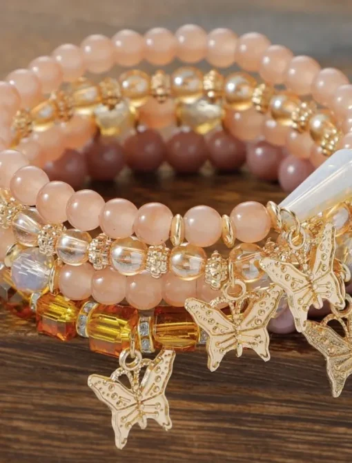 Butterfly Charm Beaded Bracelet Set - Elegant Gold and Pearl Layered Design for Women