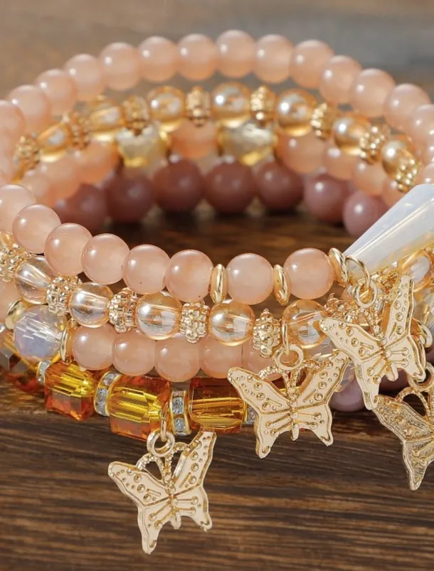 Butterfly Charm Beaded Bracelet Set - Elegant Gold and Pearl Layered Design for Women
