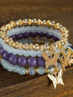 Butterfly Charm Beaded Bracelet Set - Elegant Gold and Pearl Layered Design for Women