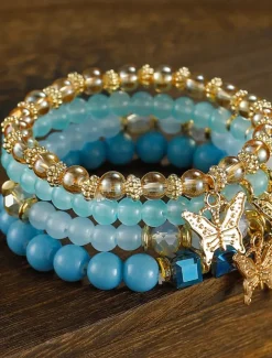 Butterfly Charm Beaded Bracelet Set - Elegant Gold and Pearl Layered Design for Women