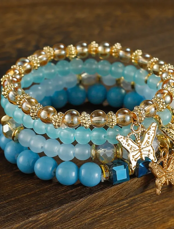 Butterfly Charm Beaded Bracelet Set - Elegant Gold and Pearl Layered Design for Women