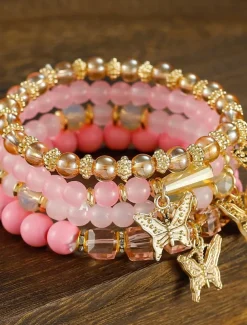 Butterfly Charm Beaded Bracelet Set - Elegant Gold and Pearl Layered Design for Women