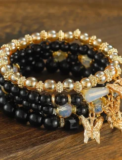 Butterfly Charm Beaded Bracelet Set - Elegant Gold and Pearl Layered Design for Women