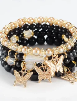 Butterfly Charm Beaded Bracelet Set - Elegant Gold and Pearl Layered Design for Women