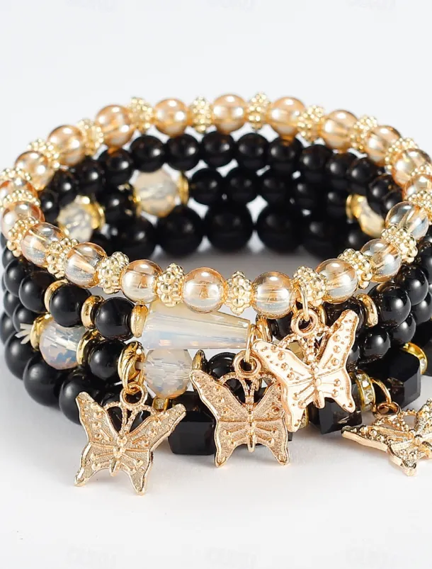 Butterfly Charm Beaded Bracelet Set - Elegant Gold and Pearl Layered Design for Women