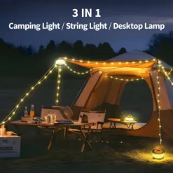 Camping String Lights, 2 in 1 Rechargeable Tent Lights String with 19 Lighting Modes,Quick Storage,Portable LED Lamp for Bedroom Yard Decor Christmas Camping Essentials