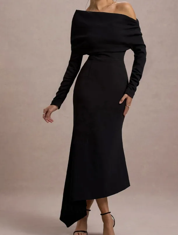 Cape Dress Mermaid / Trumpet Cocktail Dresses Elegant Dress Formal Wedding Asymmetrical Hem Gathered Long Sleeve Off Shoulder Stretch Crepe with Ruched Details