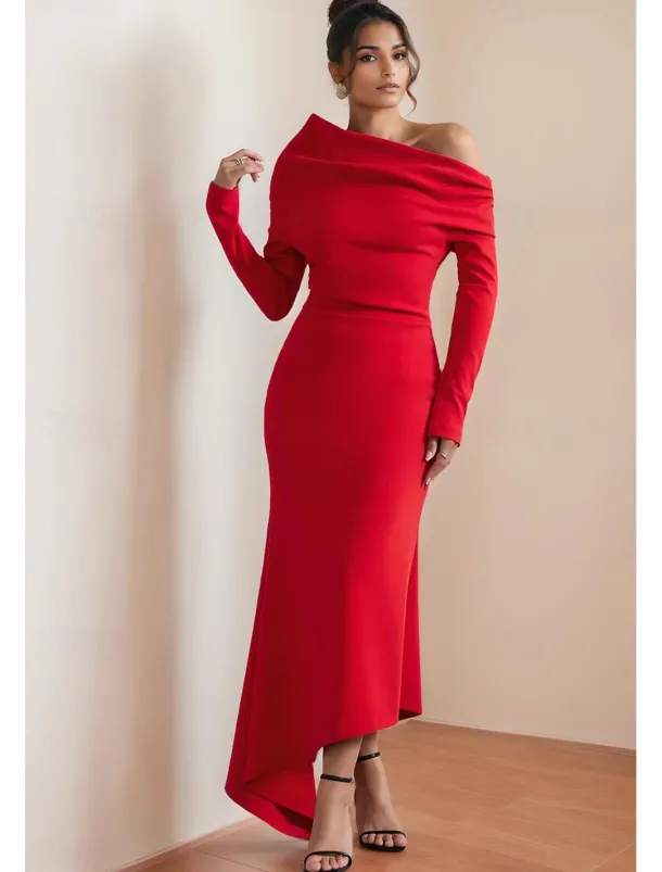Cape Dress Mermaid / Trumpet Cocktail Dresses Elegant Dress Formal Wedding Asymmetrical Hem Gathered Long Sleeve Off Shoulder Stretch Crepe with Ruched Details