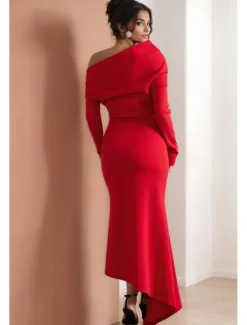 Cape Dress Mermaid / Trumpet Cocktail Dresses Elegant Dress Formal Wedding Asymmetrical Hem Gathered Long Sleeve Off Shoulder Stretch Crepe with Ruched Details