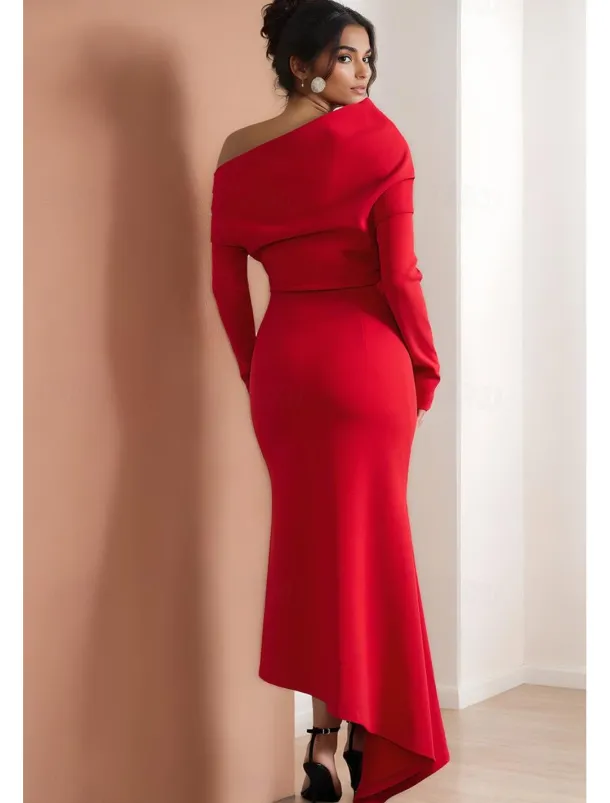Cape Dress Mermaid / Trumpet Cocktail Dresses Elegant Dress Formal Wedding Asymmetrical Hem Gathered Long Sleeve Off Shoulder Stretch Crepe with Ruched Details