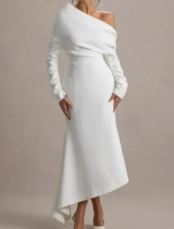 Cape Dress Mermaid / Trumpet Cocktail Dresses Elegant Dress Formal Wedding Asymmetrical Hem Gathered Long Sleeve Off Shoulder Stretch Crepe with Ruched Details
