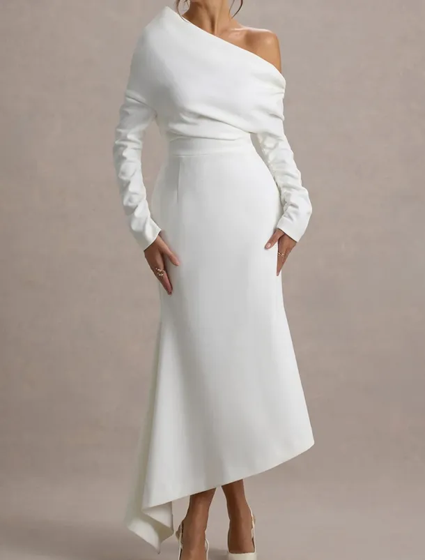 Cape Dress Mermaid / Trumpet Cocktail Dresses Elegant Dress Formal Wedding Asymmetrical Hem Gathered Long Sleeve Off Shoulder Stretch Crepe with Ruched Details