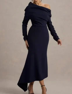 Cape Dress Mermaid / Trumpet Cocktail Dresses Elegant Dress Formal Wedding Asymmetrical Hem Gathered Long Sleeve Off Shoulder Stretch Crepe with Ruched Details
