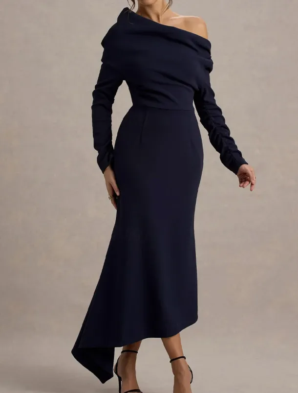 Cape Dress Mermaid / Trumpet Cocktail Dresses Elegant Dress Formal Wedding Asymmetrical Hem Gathered Long Sleeve Off Shoulder Stretch Crepe with Ruched Details