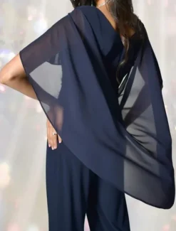 Cape Jumpsuit / Pantsuit Mother of the Bride Dress Elegant Simple Minimalist Scoop Neck Floor Length Chiffon Short Sleeve with Crystal Buttons