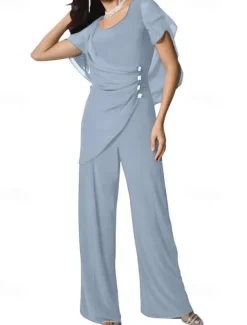 Cape Jumpsuit / Pantsuit Mother of the Bride Dress Elegant Simple Minimalist Scoop Neck Floor Length Chiffon Short Sleeve with Crystal Buttons