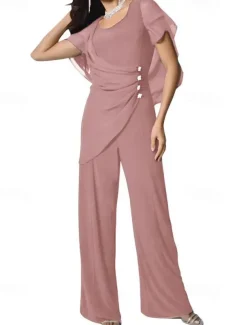 Cape Jumpsuit / Pantsuit Mother of the Bride Dress Elegant Simple Minimalist Scoop Neck Floor Length Chiffon Short Sleeve with Crystal Buttons