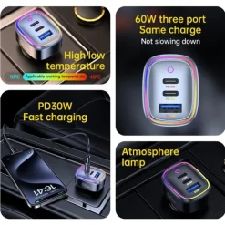 Car Charger with Cable 60 W Output Power 3 Port Car Charger Multi USB Charger Station CE Certified 3 in 1 for Multiple Devices Security Protection For Cellphone