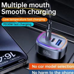 Car Charger with Cable 60 W Output Power 3 Port Car Charger Multi USB Charger Station CE Certified 3 in 1 for Multiple Devices Security Protection For Cellphone