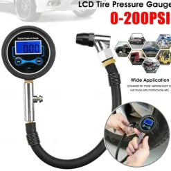 Car Motorcycle Van 0-200Psi Digital LCD Tyre Tire Air Pump Pressure Gauge Tester Pressure Gauge Digital Tire Pressure Gauge 200 Psi with Adapter Kit Compatible with Car Bike Motorcycle