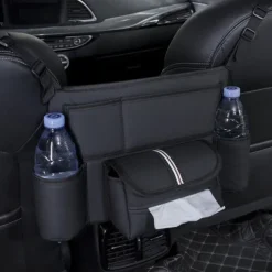 Car Storage Pocket Between Seats with Cup Holder,Car Purse Holder,Car Tissue Holder, Leather Large Bag Purse Holder for Car Front Seat, Multipurpose Car Pocket Handbag Storage Organizer