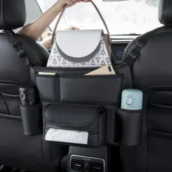 Car Storage Pocket Between Seats with Cup Holder,Car Purse Holder,Car Tissue Holder, Leather Large Bag Purse Holder for Car Front Seat, Multipurpose Car Pocket Handbag Storage Organizer
