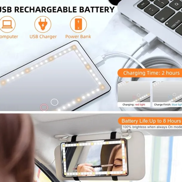 Car Sun Visor Vanity Mirror Rechargeable Makeup Mirror with 3 Light Modes & 60 LED Dimmable Clip-on Rear View Sun-Shading Cosmetic Mirror