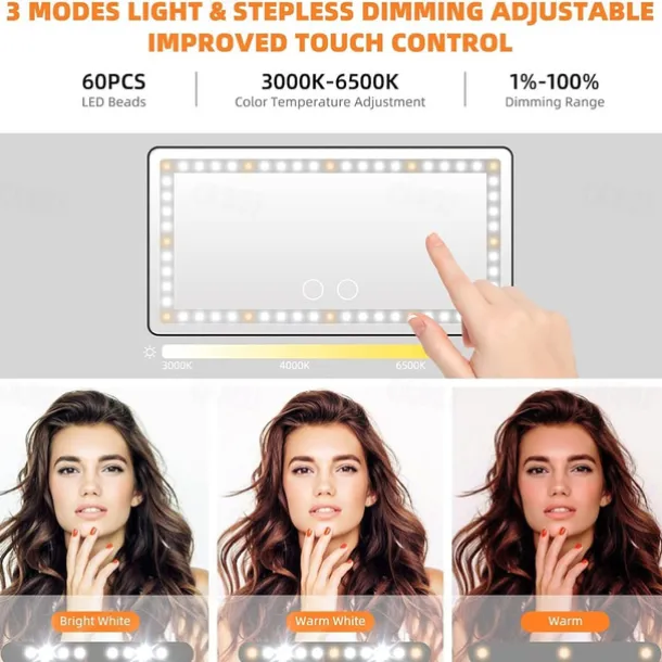 Car Sun Visor Vanity Mirror Rechargeable Makeup Mirror with 3 Light Modes & 60 LED Dimmable Clip-on Rear View Sun-Shading Cosmetic Mirror