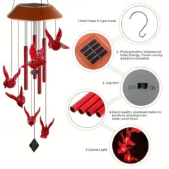Cardinal Bird Solar Wind Chimes Outdoor Waterproof Garden Lights for Window Decoation Garden Patiio Backyard 6 LEDs Bird