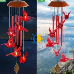 Cardinal Bird Solar Wind Chimes Outdoor Waterproof Garden Lights for Window Decoation Garden Patiio Backyard 6 LEDs Bird