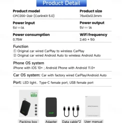 CarlinKit 5.0 CarPlay Android Auto Wireless Adapter Portable Dongle for OEM Car Radio with Wired CarPlay/Android Auto 2023 Newest CPC200-2AIR Available for Android Phones and iPhones