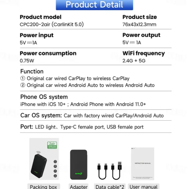 CarlinKit 5.0 CarPlay Android Auto Wireless Adapter Portable Dongle for OEM Car Radio with Wired CarPlay/Android Auto 2023 Newest CPC200-2AIR Available for Android Phones and iPhones