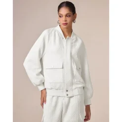 Casual Crew Neck Textured Raglan Sleeve Bomber Jacket