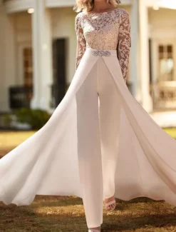Casual Formal Wedding Dresses Two Piece Scoop Neck Long Sleeve Floor Length Chiffon Bridal Gowns With Appliques Crystal Brooch