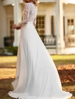 Casual Formal Wedding Dresses Two Piece Scoop Neck Long Sleeve Floor Length Chiffon Bridal Gowns With Appliques Crystal Brooch