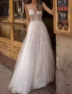 Casual Wedding Dresses A-line V Neck Sleeveless Floor Length Embrodered Lace Bridal Gowns Beach Wedding Gown
