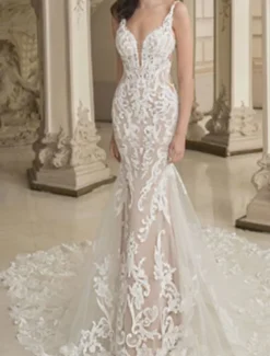 Casual Wedding Dresses Mermaid Plunge Neck Sleeveless Chapel Train Lace Bridal Gowns With Baroque Lace Applique