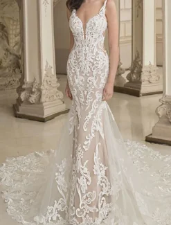 Casual Wedding Dresses Mermaid Plunge Neck Sleeveless Chapel Train Lace Bridal Gowns With Baroque Lace Applique