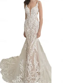 Casual Wedding Dresses Mermaid Plunge Neck Sleeveless Chapel Train Lace Bridal Gowns With Baroque Lace Applique