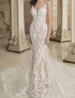 Casual Wedding Dresses Mermaid Plunge Neck Sleeveless Chapel Train Lace Bridal Gowns With Baroque Lace Applique