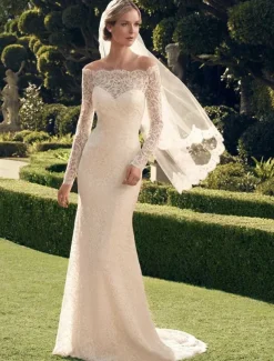 Casual Wedding Dresses Mermaid / Trumpet Off Shoulder Long Sleeve Sweep / Brush Train Chantilly Lace Bridal Gowns