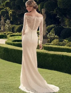 Casual Wedding Dresses Mermaid / Trumpet Off Shoulder Long Sleeve Sweep / Brush Train Chantilly Lace Bridal Gowns